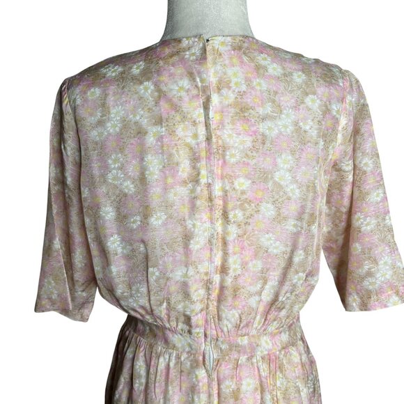 Vintage 50s Sheer Floral Day Dress Small Beige Pink Metal Zipper Short Sleeves - Picture 5 of 7